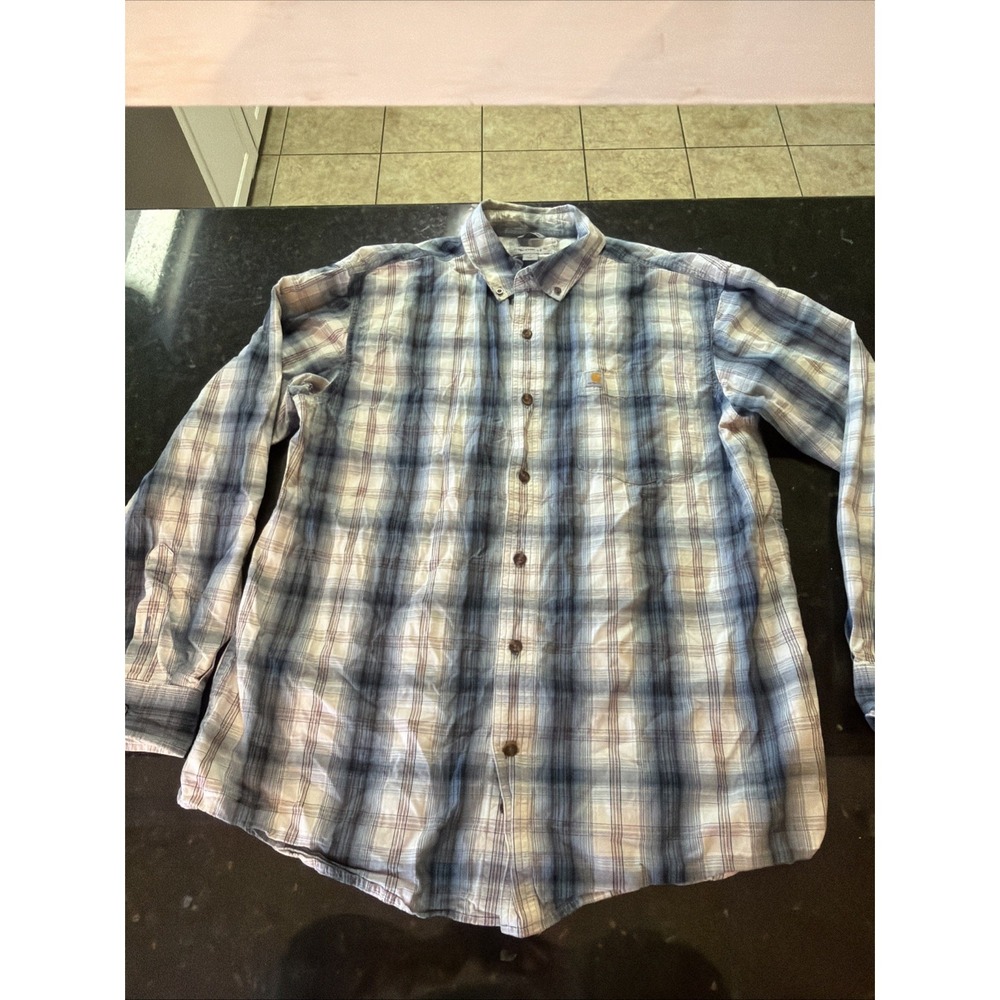 Carhartt Relaxed Fit Button Down‎ Shirt Sz L Blue Plaid Collar Button Up